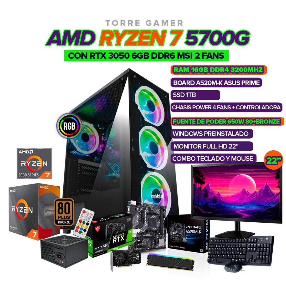 AMD - TORRE GAMER RYZEN 7 5700G - RTX 3050 6GB - 16GB RAM - 1TB SSD - BOARD A520 - MONITOR 22 FHD