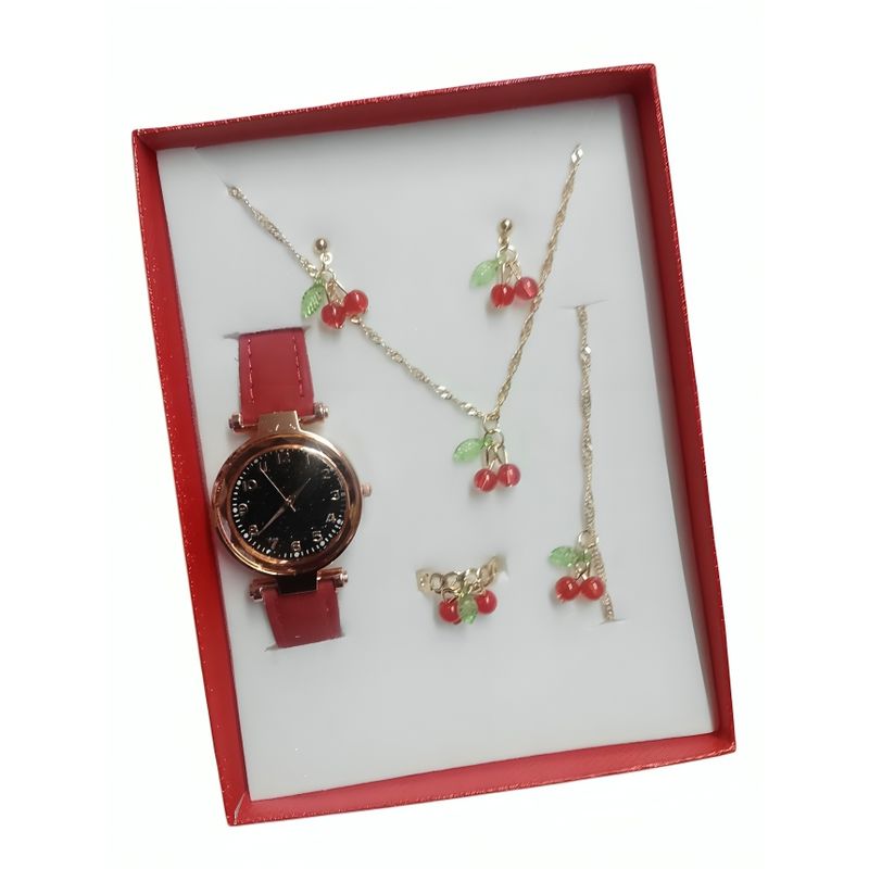 VANIDADES COLLECTIONS - Kit Reloj Cerezas Rojo Para Mujer + Juego De Collar Aretes
