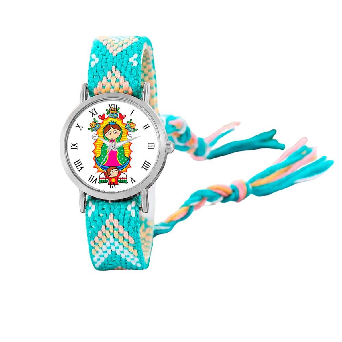 DAYOSHOP - Reloj Virgen Guadalupe Plateado Tejido Artesanal + Estuche