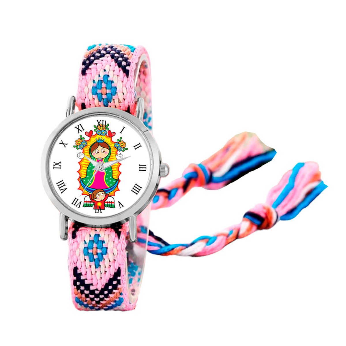 DAYOSHOP - Reloj Virgen Guadalupe Plateado Tejido Artesanal + Estuche