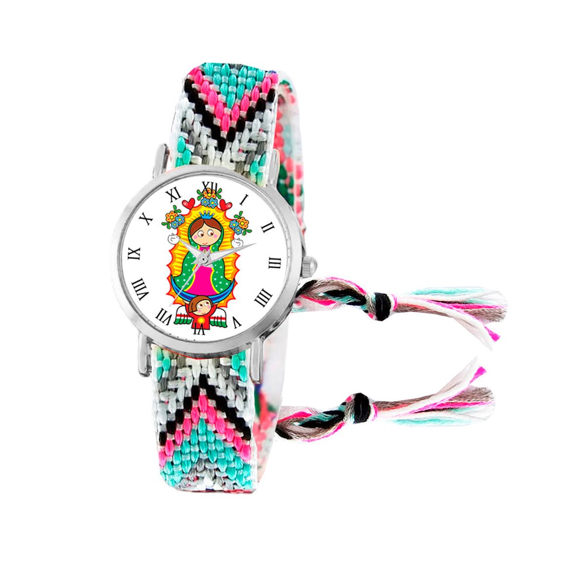 DAYOSHOP - Reloj Virgen Guadalupe Plateado Tejido Artesanal + Estuche