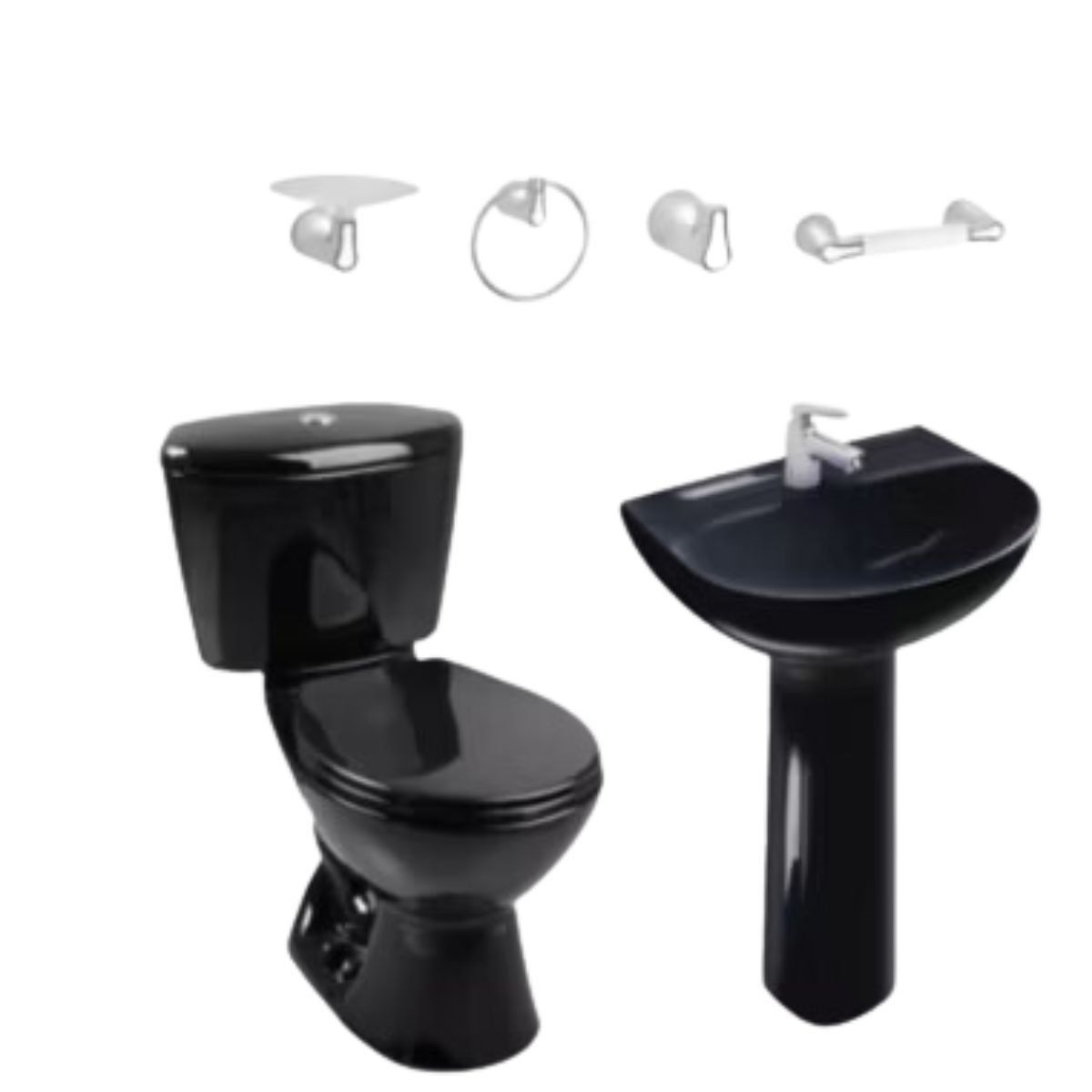 CORONA - Combo Sanitario Manantial Negro con pedestal Grifería y Accesorios