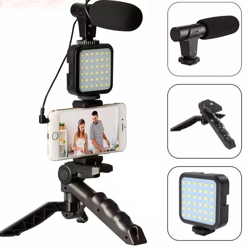 GENERICO - Soporte Estabilizador Para Celular + Luz Led + Microfono