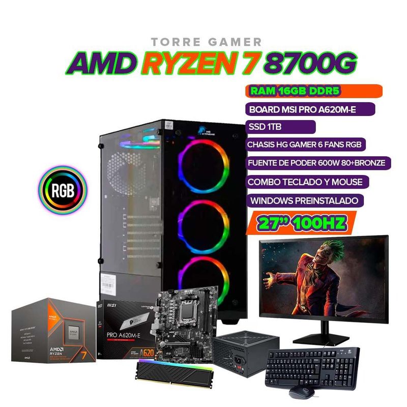 AMD - PC GAMER RYZEN 7 8700G/A620/ 16GB RAM/ SSD 1TB/ 600W 80+ BRONZE  +MONITOR 27"