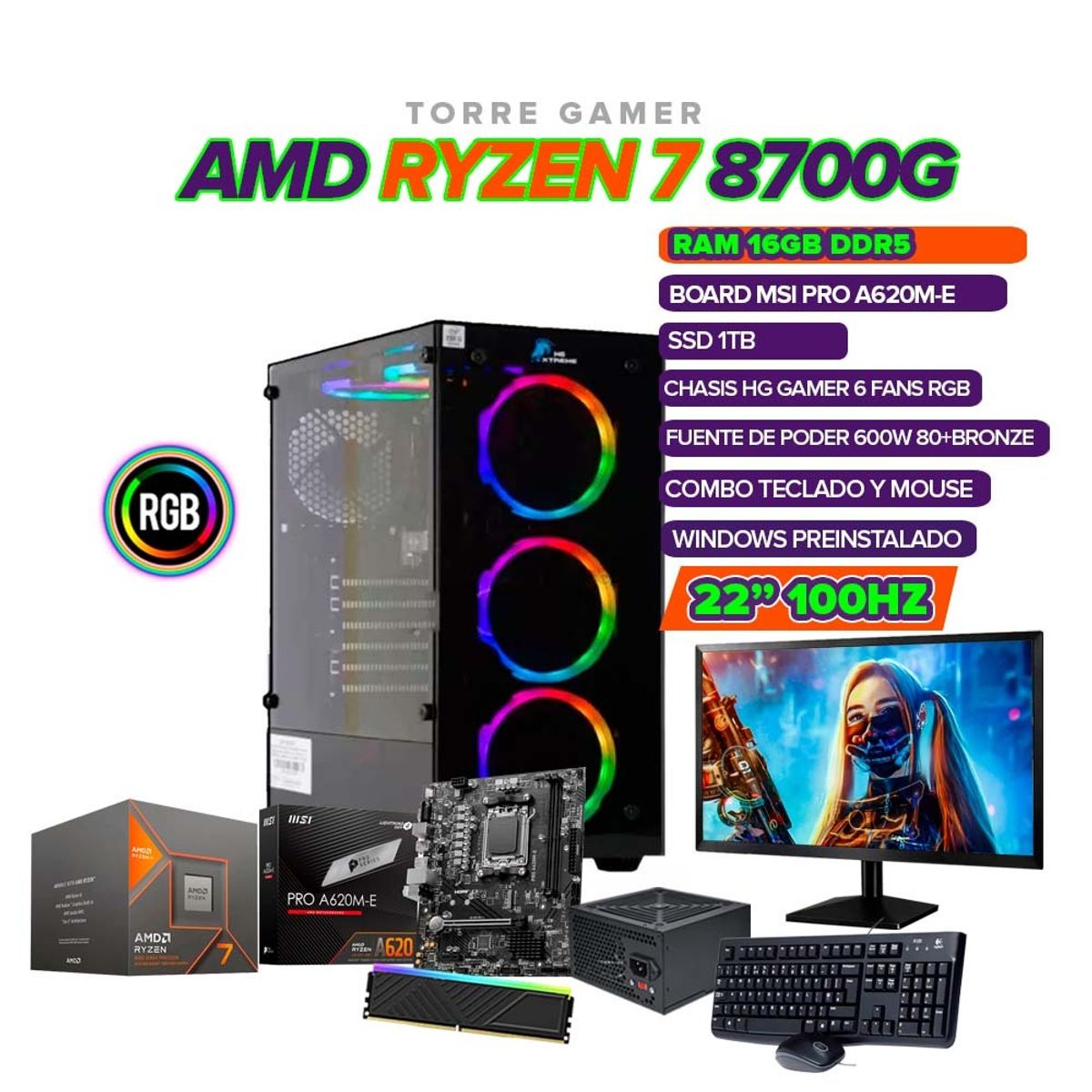 AMD - PC GAMER RYZEN 7 8700G /A620/ 16GB RAM/ SSD 1TB/ 600W 80+ BRONZE/ +MONITOR 22