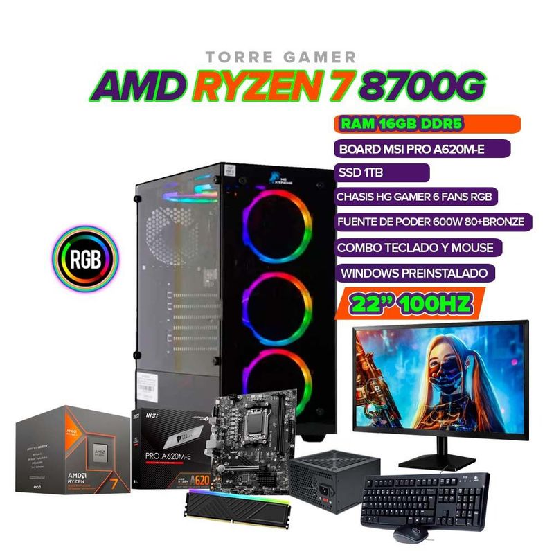 AMD - PC GAMER RYZEN 7 8700G /A620/ 16GB RAM/ SSD 1TB/ 600W 80+ BRONZE/ +MONITOR 22