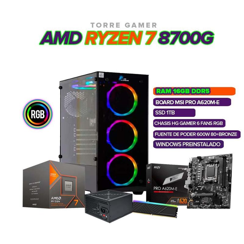 AMD - PC Gamer Ryzen 7 8700G/ 16GB DDR5/ SSD 1TB/ Board A620/ Chasis 6 Fans RGB