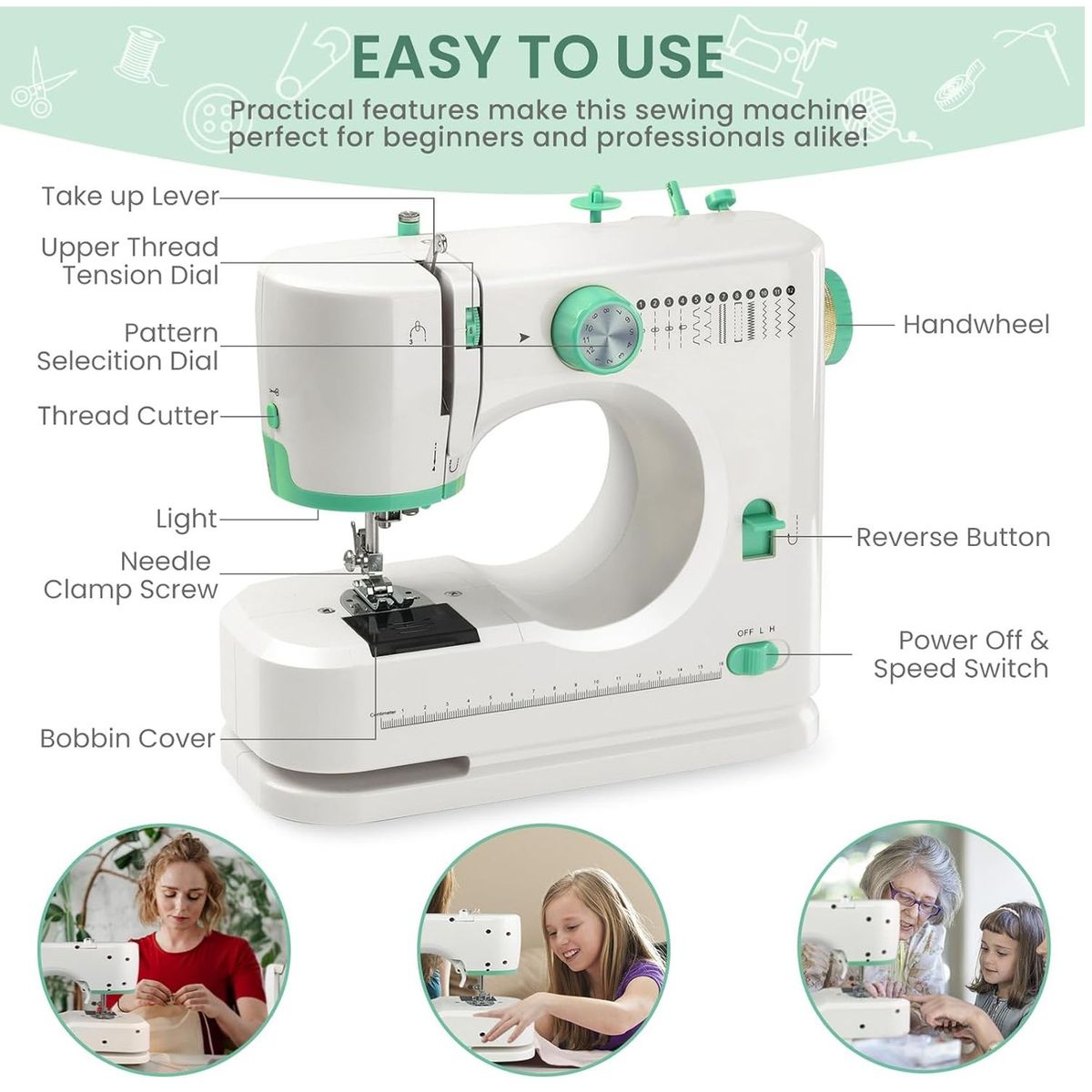 ONE PIXEL - Mini Maquina de Coser Portatil Multifuncional con 12 Puntadas  Uso Domestico y Profesional