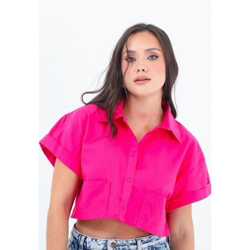 BELIFE - Blusa Manga Corta Fucsia Con Doblez, Cuello Camisero Para Mujer Belife