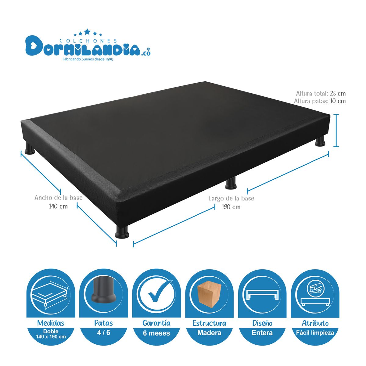 DORMILANDIA - Base cama entera negra doble 140x190 dormilandia