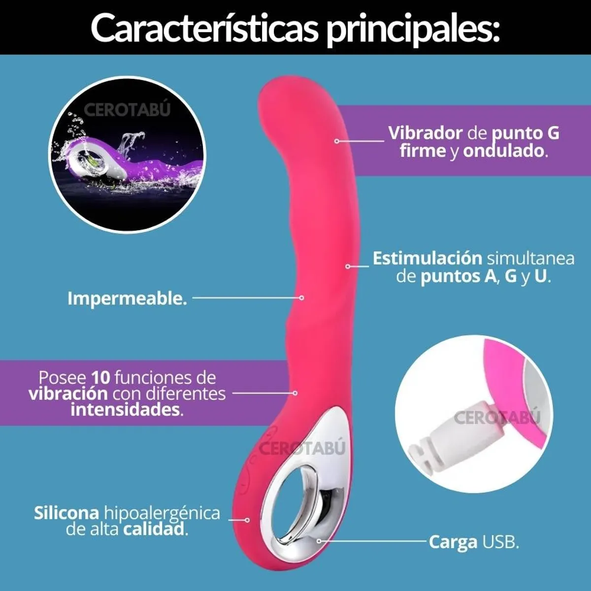 GENERICO - Vibrador Consolador Punto G Recargable Juguete Sexual Fucsia