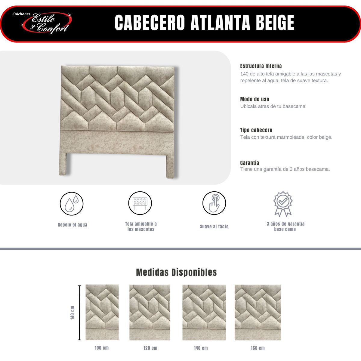 ESTILO Y CONFORT - Cabecero Atlanta 140 Beige