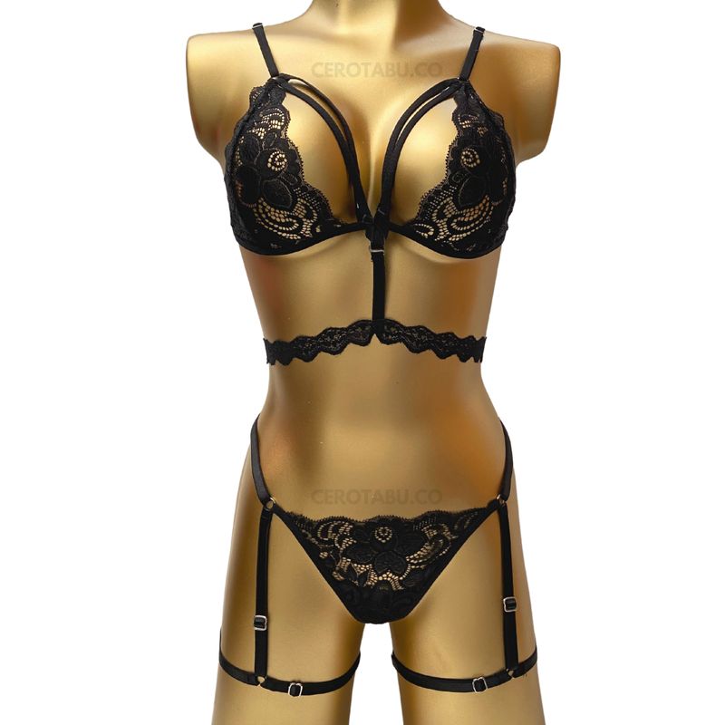 GENERICO - Lenceria Conjunto Ropa Interior Femenina Tanga + Bralette + Liguero-
