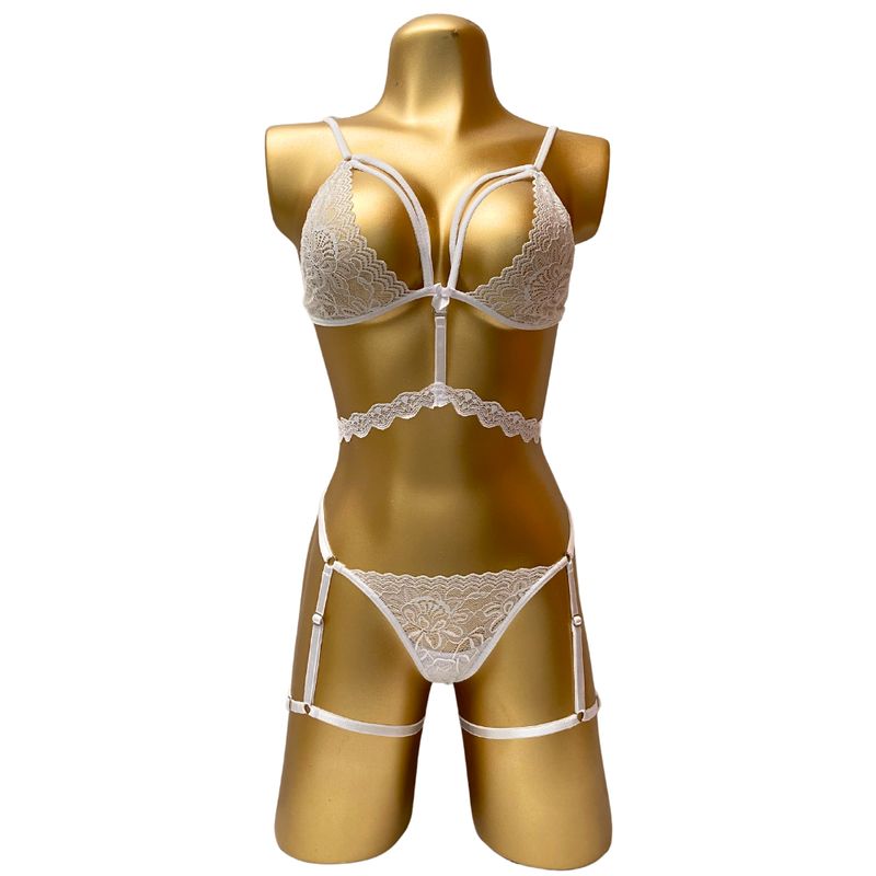 GENERICO - Lenceria Conjunto Ropa Interior Femenina Tanga + Bralette + Liguero-