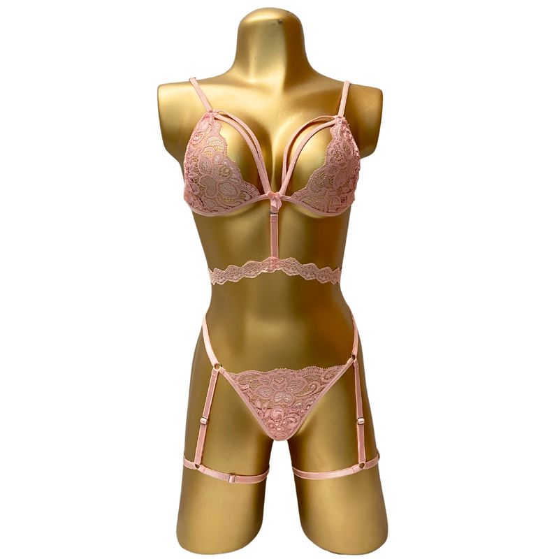 GENERICO - Lenceria Conjunto Ropa Interior Femenina Tanga + Bralette + Liguero-
