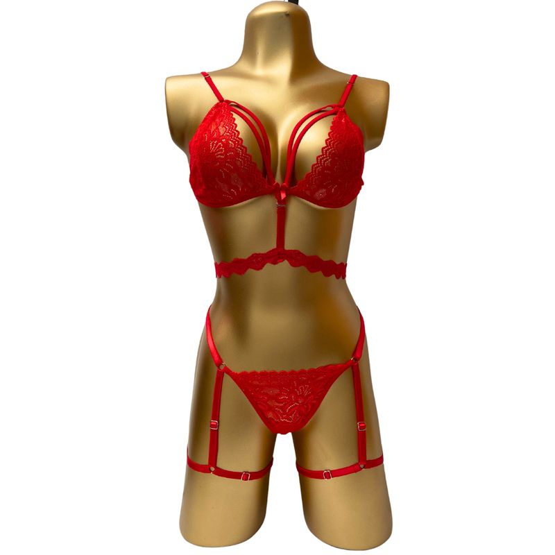 GENERICO - Lenceria Conjunto Ropa Interior Femenina Tanga + Bralette + Liguero-