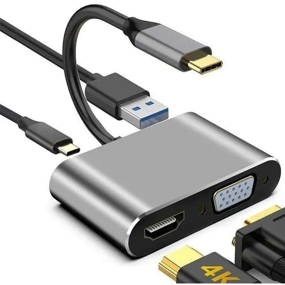 OEM - Adaptador Tipo C 4 En 1 A Hdmi 4k, Vga, Usb 3.0, Usb C para Celulares, Tablets y Portatiles.