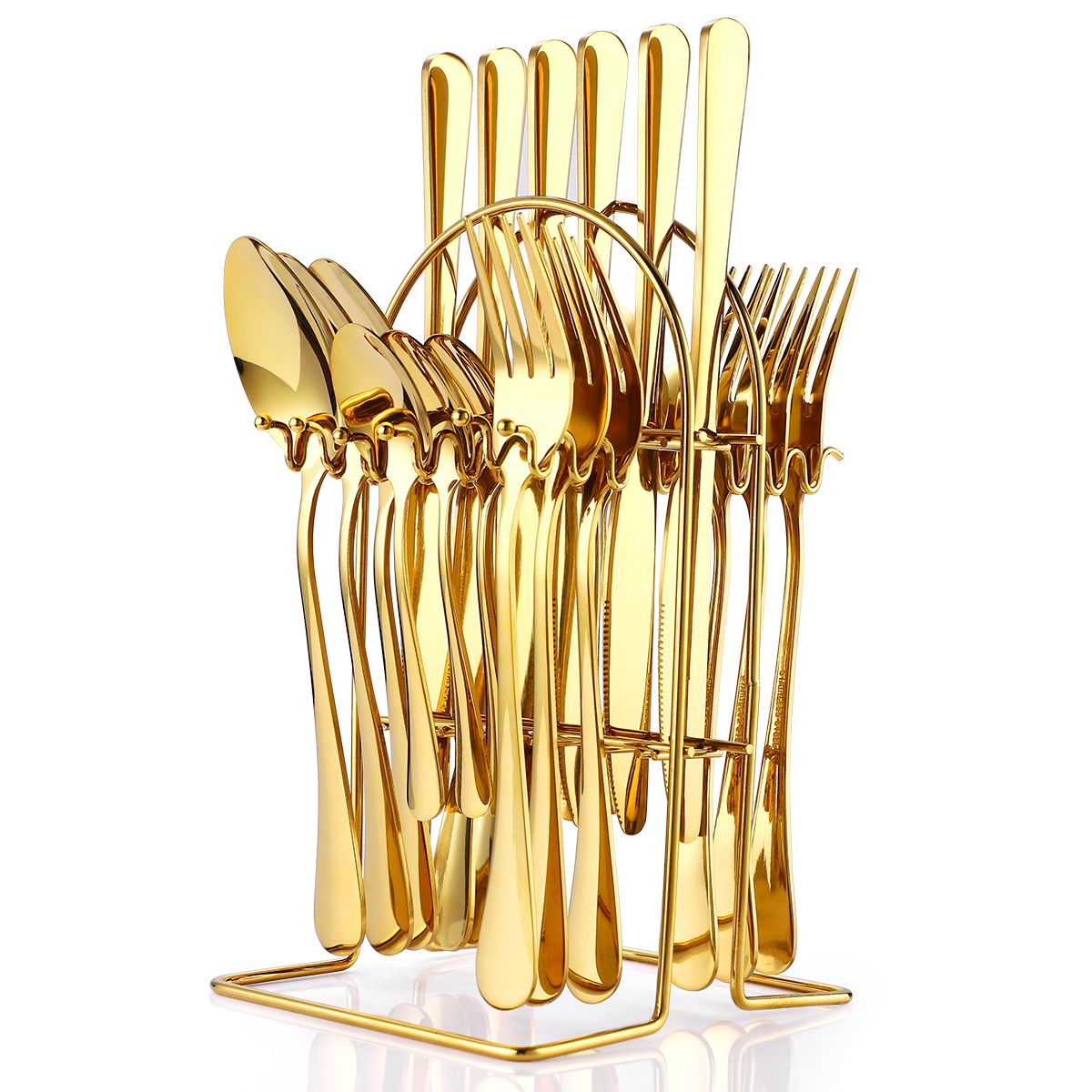SUBE - Juego de Cubiertos Set de 24 piezas  Acero Inoxidable con Base Dorado.