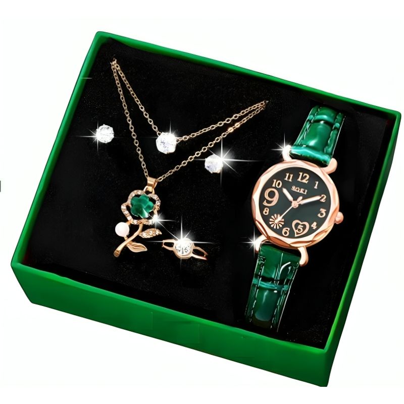 VANIDADES COLLECTIONS - Kit Reloj Cuadrado Verde Para Mujer + Juego De Collar Aretes