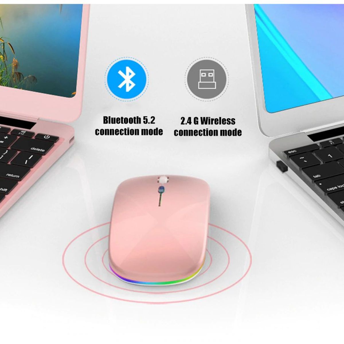GENERICO - Mouse ratón  recargable inalámbrico y bluetooth 5.2 y 2.4 GHz Rgb Rosa