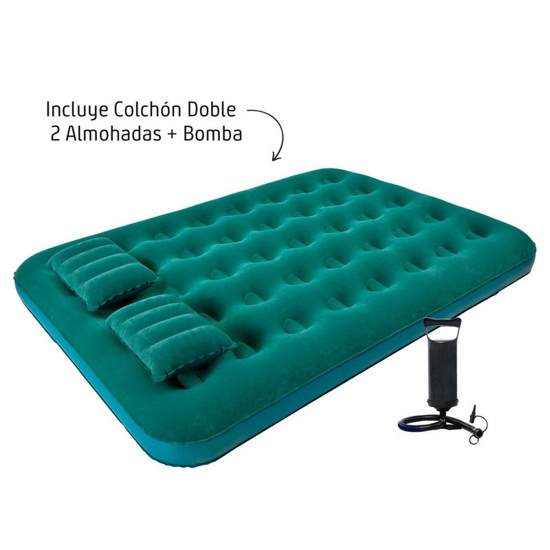 KLIMBER - Combo Colchon Inflable Doble + Bomba Manual + 2 Almohadas