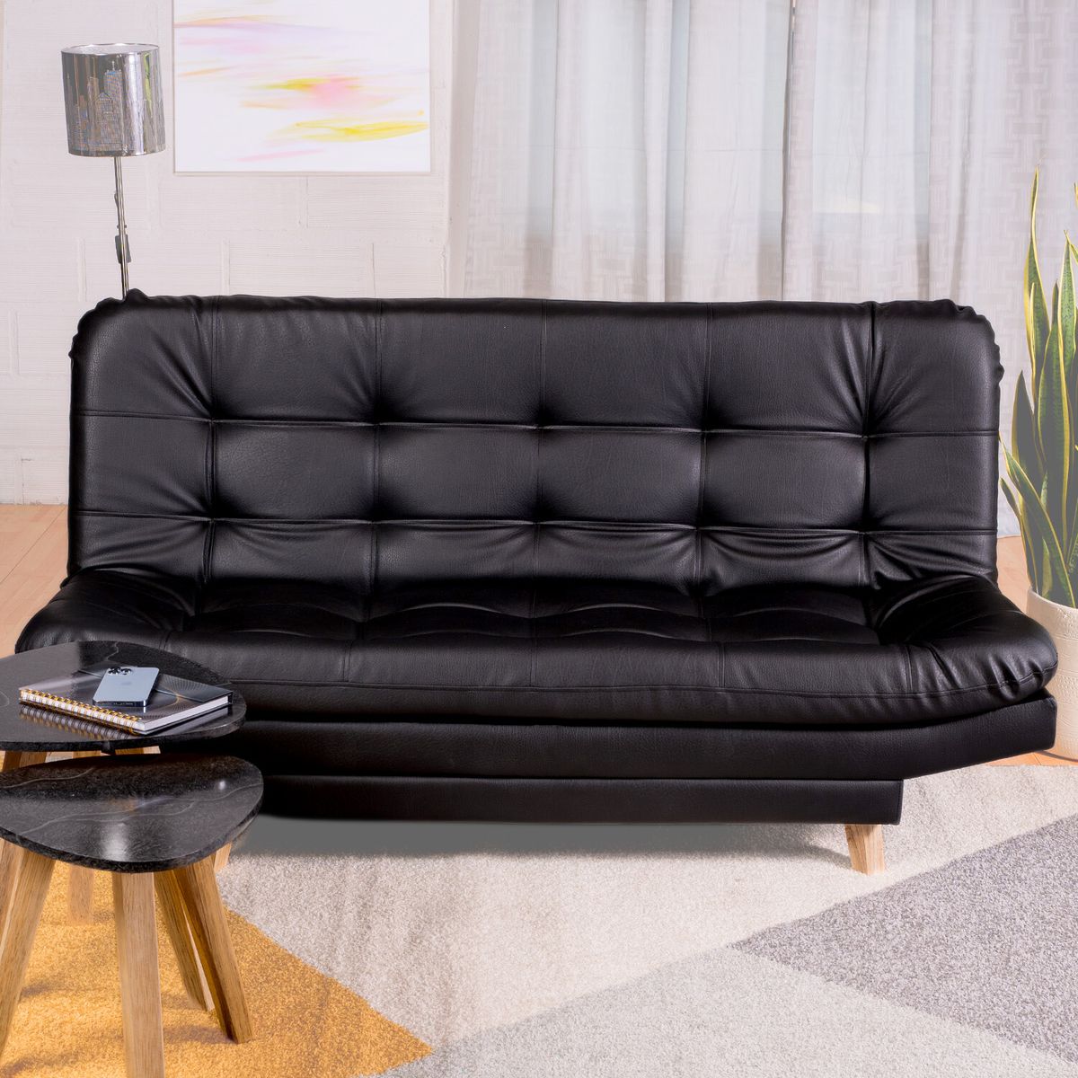 ARMONIA HOME - Sofá Cama Valencia Sintético Negro 3 PTOS 180x84x85 + Cojines