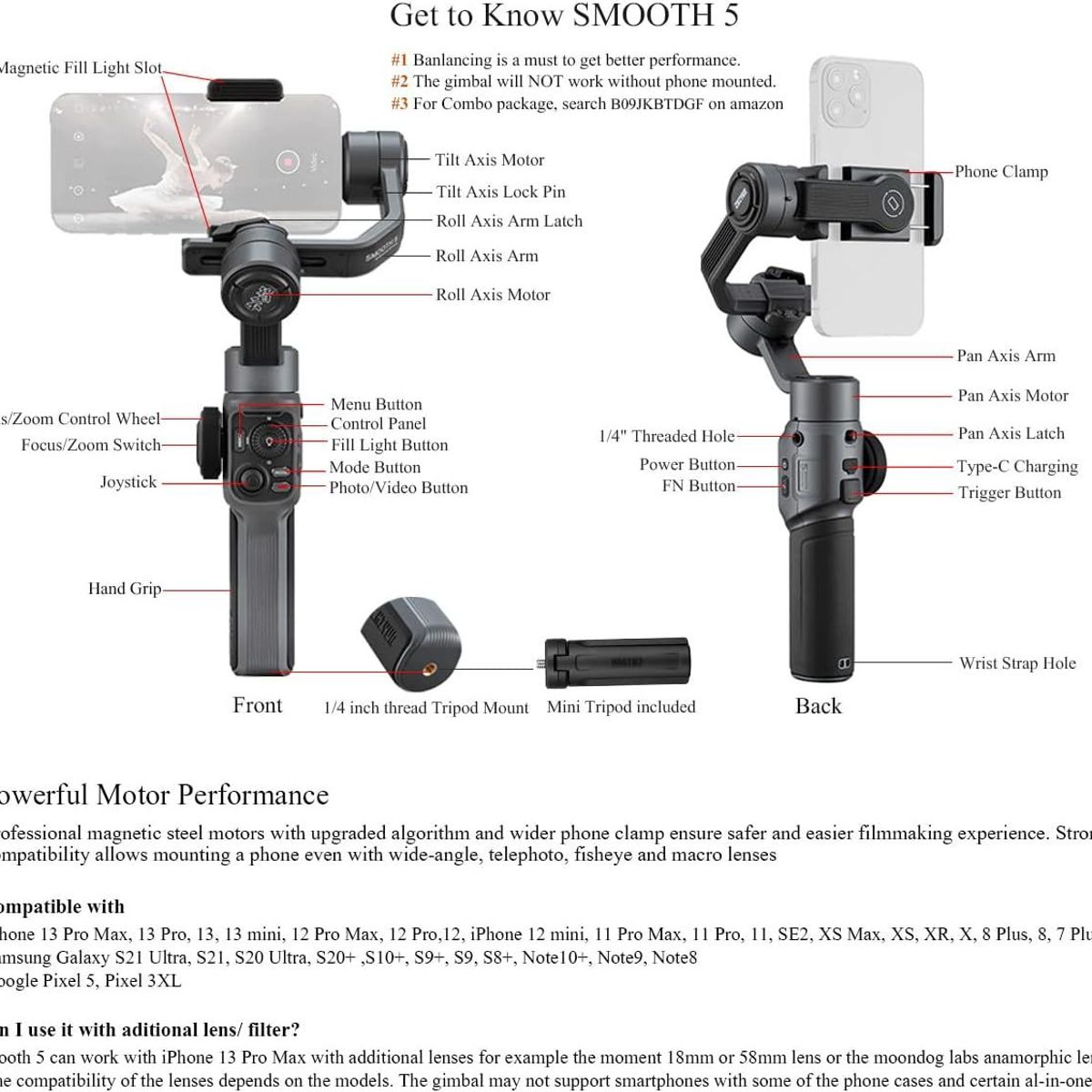 ZHIYUN - Estabilizador Zhiyun Smooth 5 Para Celulares Profesional de 3 ejes