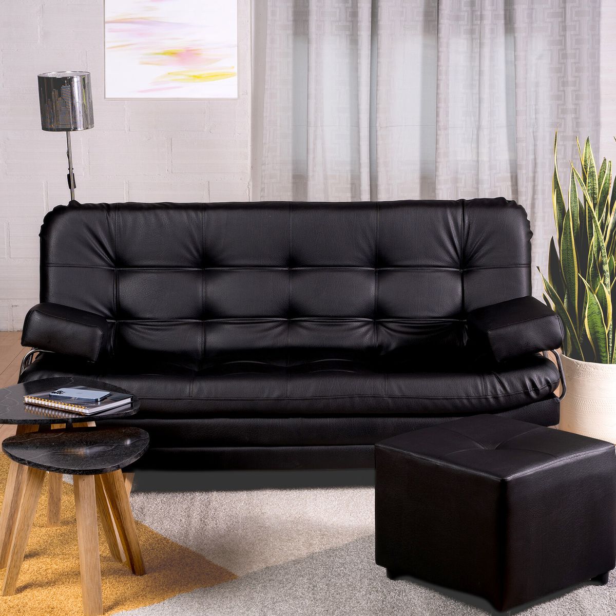 ARMONIA HOME - Sofá Cama Valencia Sintético Negro 3 PTOS 180x84x85 + Puff