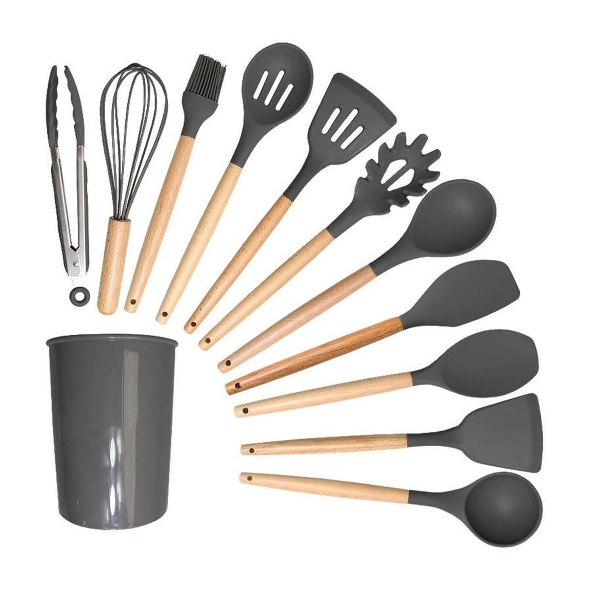 GENERICO - Set 12 Utensilios para Cocina de Silicona y Bambu Negro