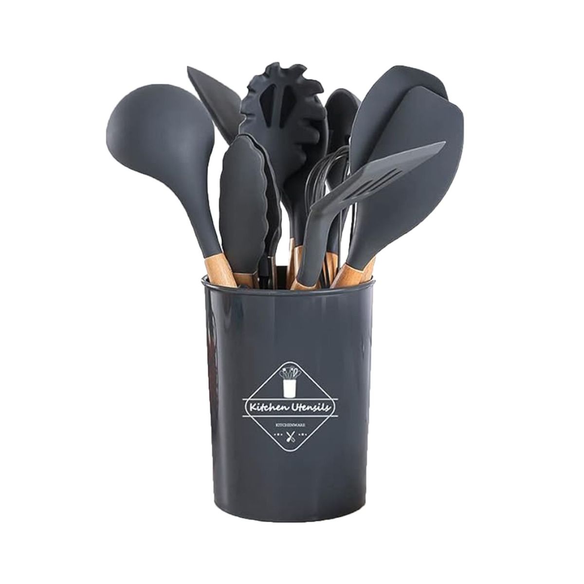 GENERICO - Set 12 Utensilios para Cocina de Silicona y Bambu Negro