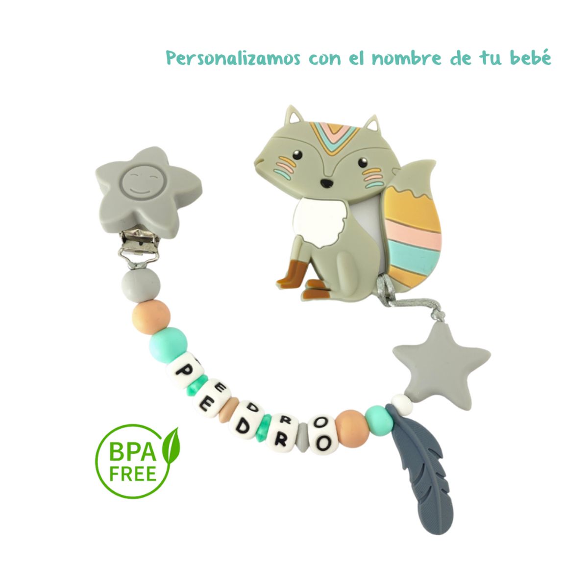 MAMI MAUSS - Sujetador de Mordedor PERSONALIZADO con Nombre - Clip Anticaída para Chupo y Mordedor