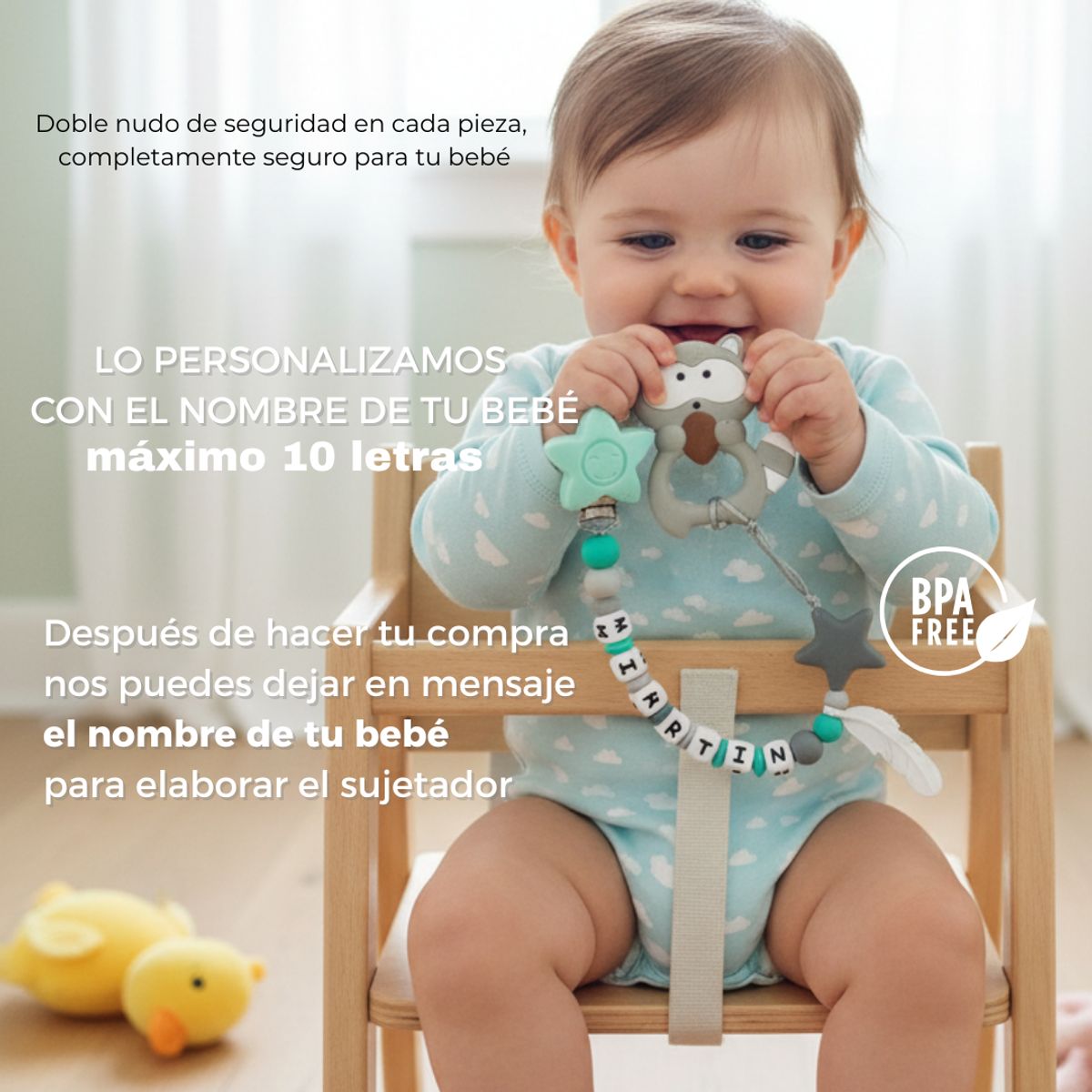 MAMI MAUSS - Sujetador de Mordedor PERSONALIZADO con Nombre - Clip Anticaída para Chupo y Mordedor