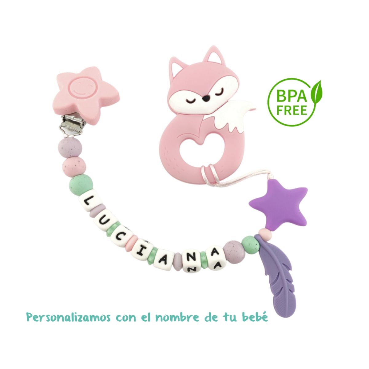 MAMI MAUSS - Sujetador de Mordedor PERSONALIZADO con Nombre - Clip Anticaída para Chupo y Mordedor