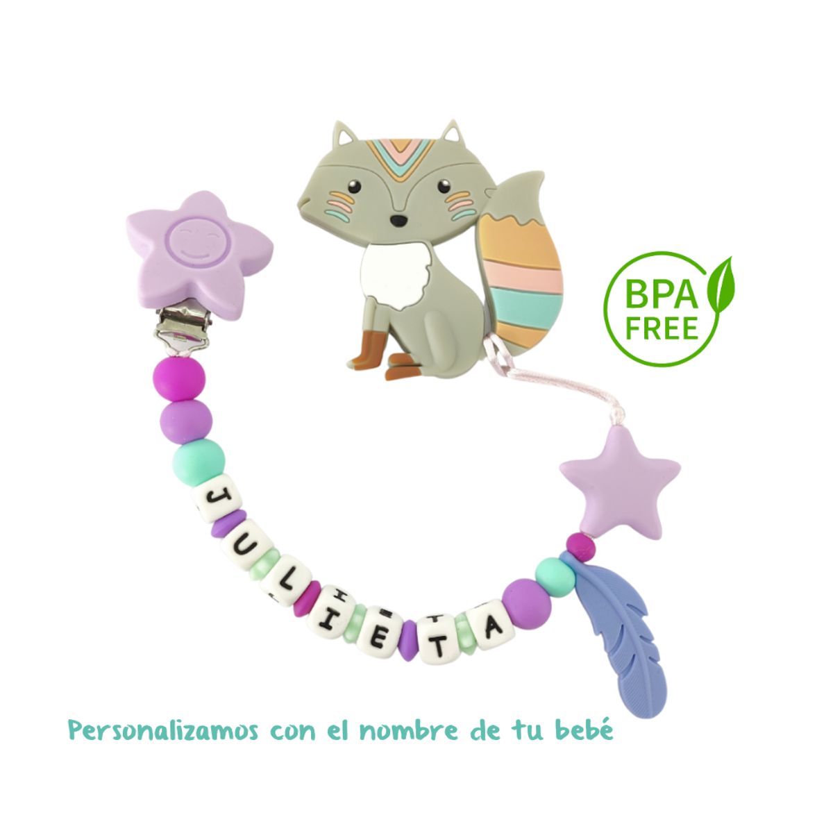 MAMI MAUSS - Sujetador de Mordedor PERSONALIZADO con Nombre - Clip Anticaída para Chupo y Mordedor