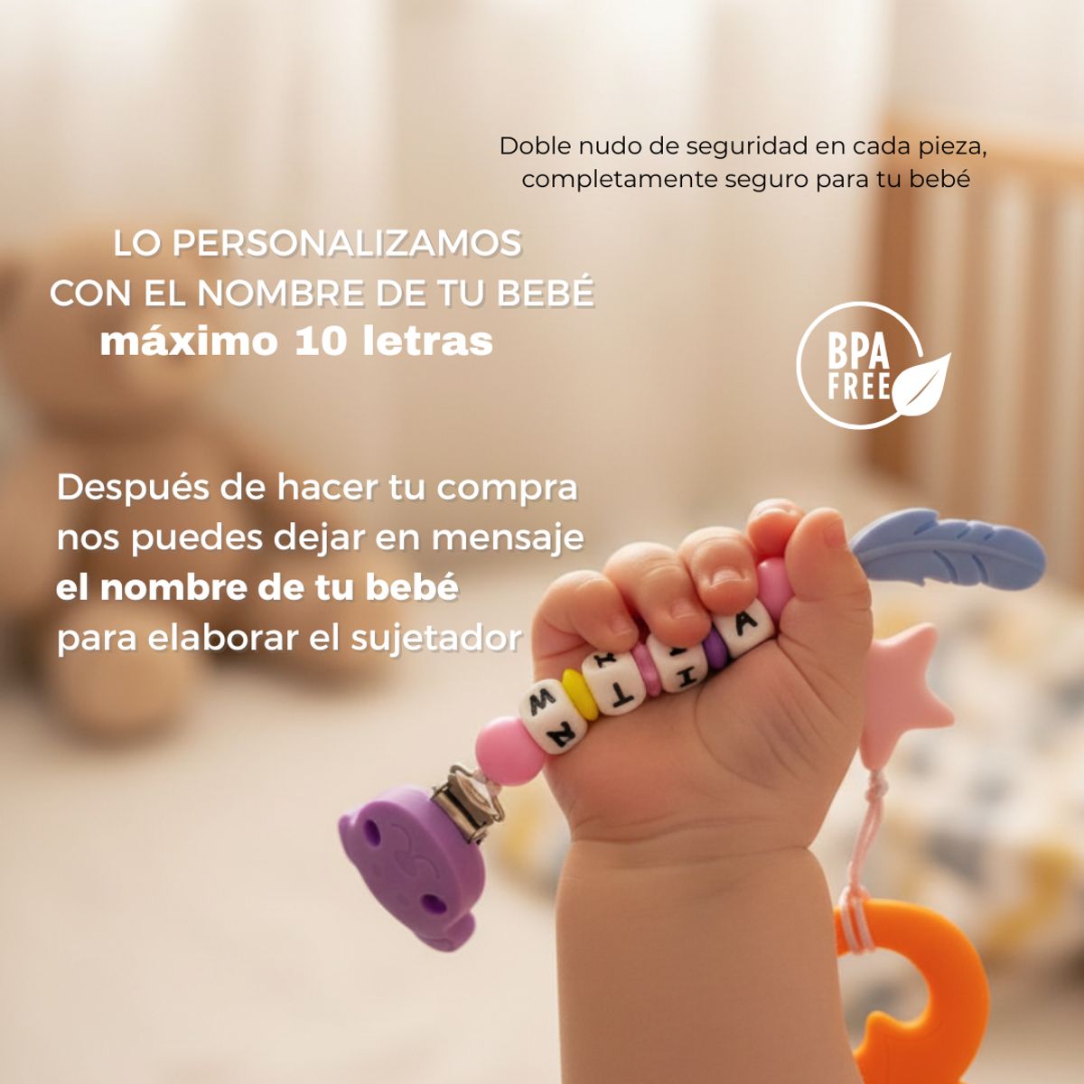 MAMI MAUSS - Sujetador de Mordedor PERSONALIZADO con Nombre - Clip Anticaída para Chupo y Mordedor