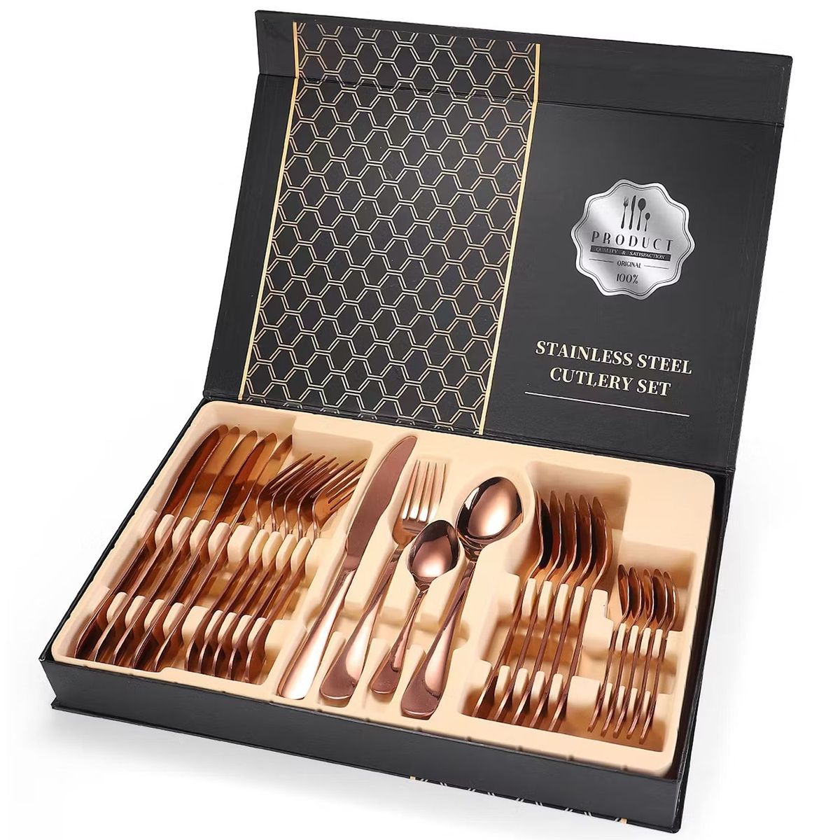 ONE PIXEL - Juego de Cubiertos Set 24 Piezas Acero Inoxidable Palo Rosa