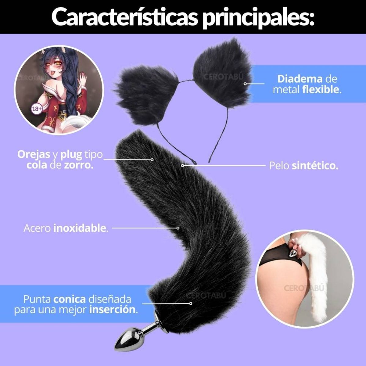 GENERICO - Kit Orejas Zorro Plug Estimulador Anal En Acero Juguete Sexual