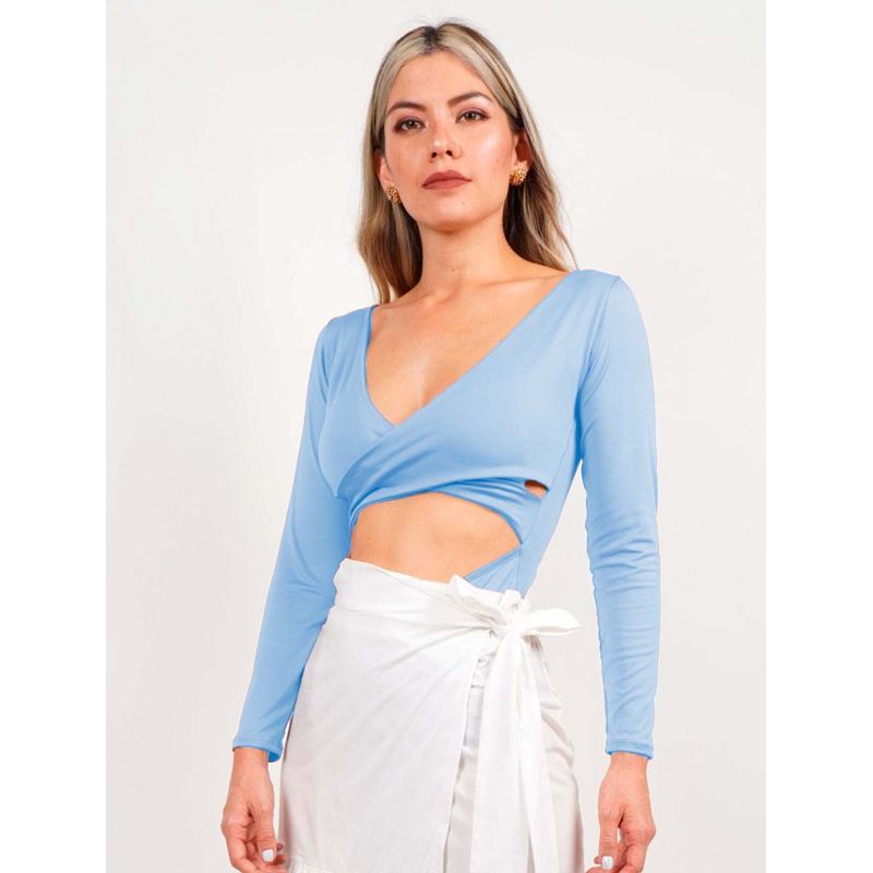 MOLGOA - Body para Mujer Azul Bebé Escote Cruzado Manga Larga - Adele Azul Bebé