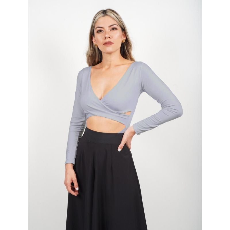 MOLGOA - Body para Mujer Gris Escote Cruzado Manga Larga - Adele Gris