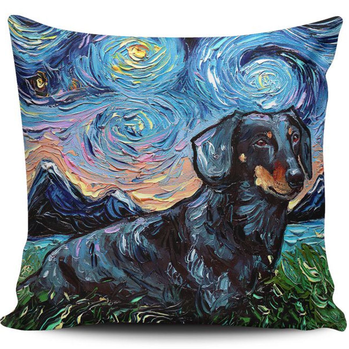 TAYRONA STORE - Funda Cojin Sin Relleno Noche Estrellada Perro Black Tan Dachshund 02.