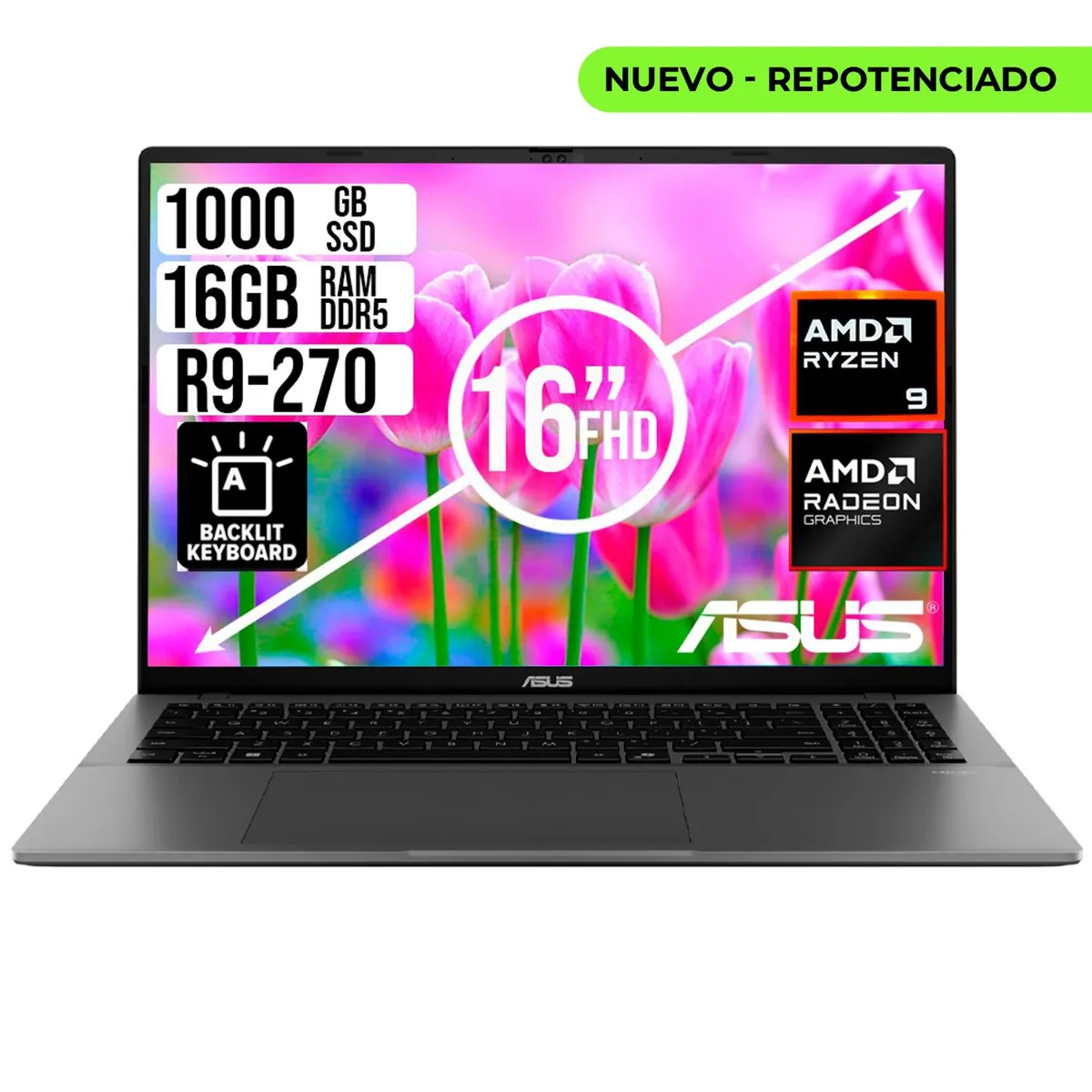 ASUS - PORTATIL ASUS AMD RYZEN 9 270 SSD 1TB RAM 16GB LED 16 FULL HD
