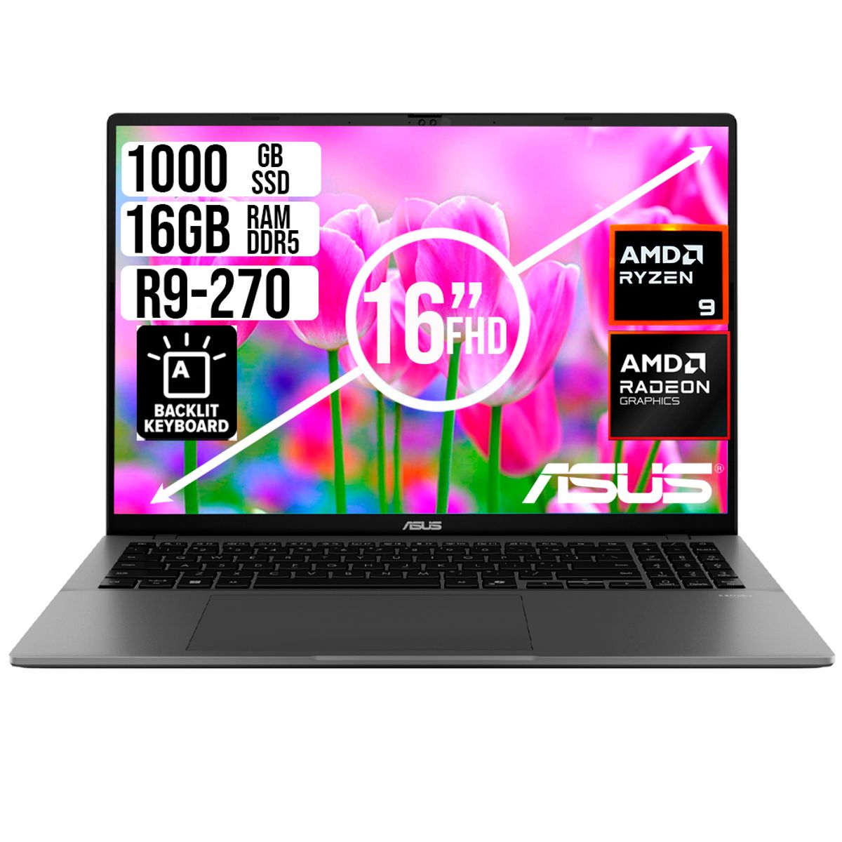 ASUS - PORTATIL ASUS AMD RYZEN 9 270 SSD 1TB RAM 16GB LED 16 FULL HD