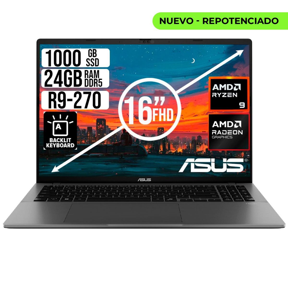 ASUS - PORTATIL ASUS AMD RYZEN 9 270 SSD 1TB RAM 24GB LED 16 FULL HD
