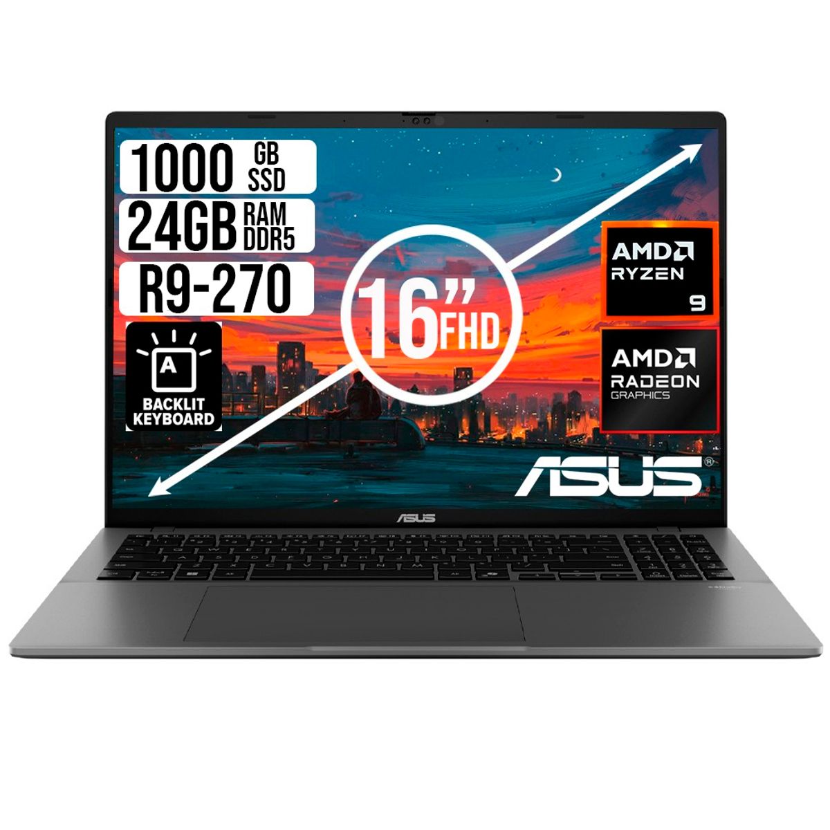 ASUS - PORTATIL ASUS AMD RYZEN 9 270 SSD 1TB RAM 24GB LED 16 FULL HD