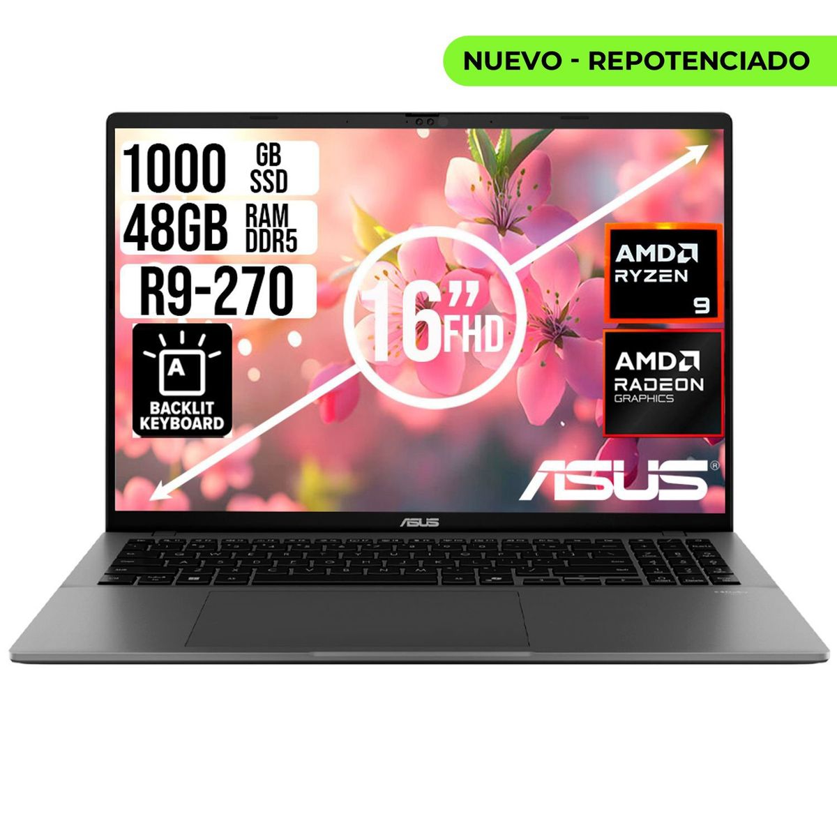 ASUS - PORTATIL ASUS AMD RYZEN 9 270 SSD 1TB RAM 48GB LED 16 FULL HD