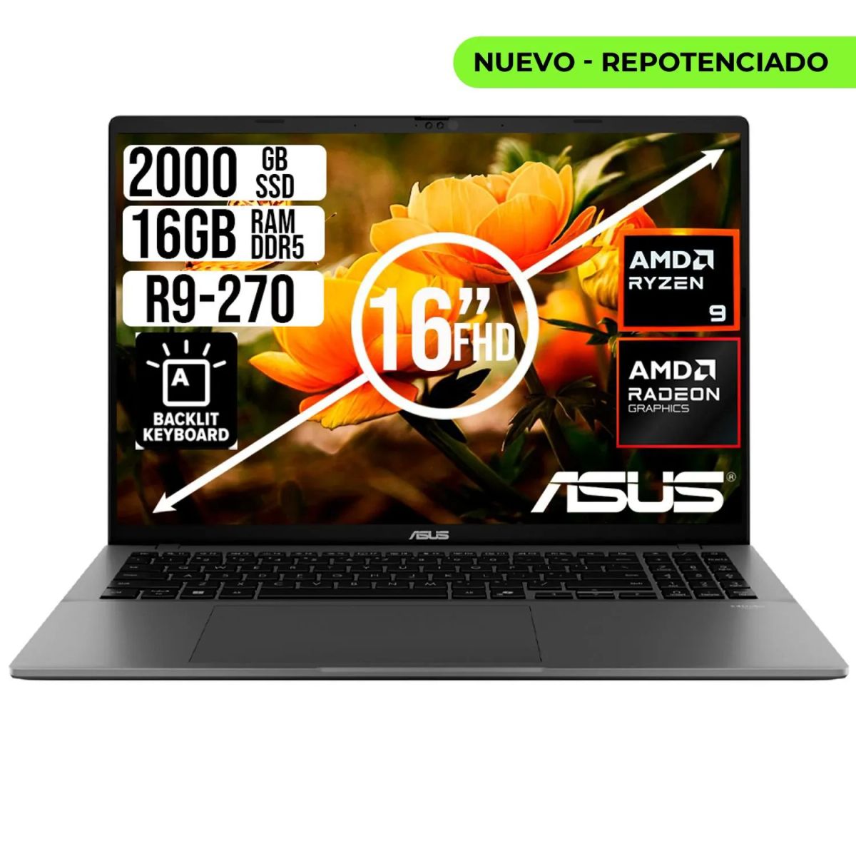 ASUS - Portátil ASUS AMD RYZEN 9 270 SSD 2TB RAM 16GB 16" FHD