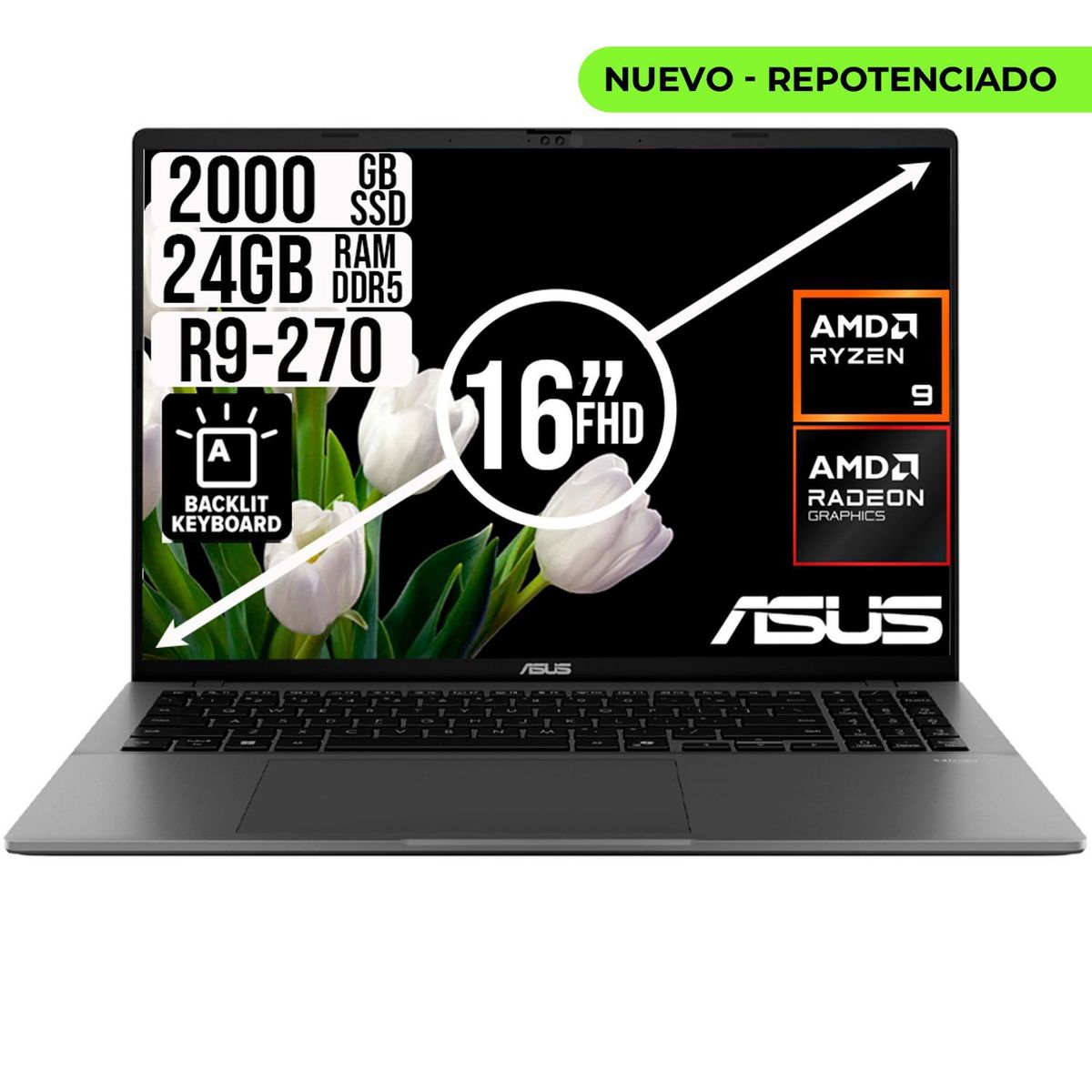 ASUS - PORTATIL ASUS AMD RYZEN 9 270 SSD 2TB RAM 24GB LED 16 FULL HD