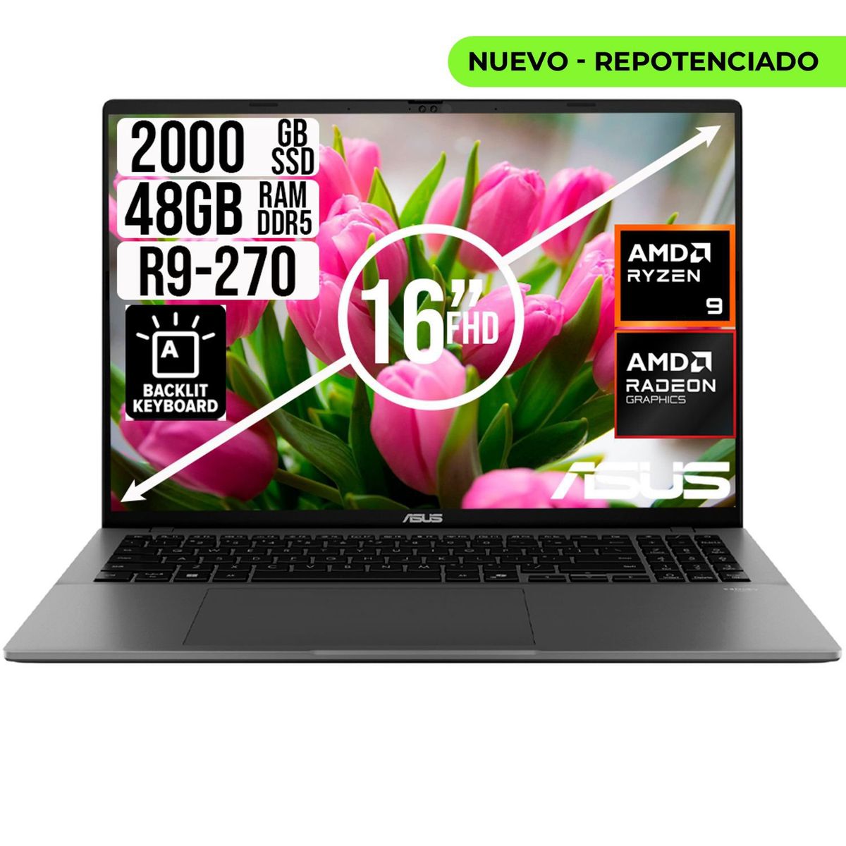 ASUS - PORTATIL ASUS AMD RYZEN 9 270 SSD 2TB RAM 48GB LED 16 FULL HD