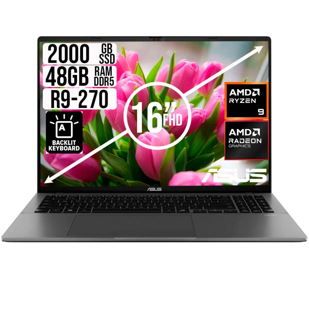 ASUS - PORTATIL ASUS AMD RYZEN 9 270 SSD 2TB RAM 48GB LED 16 FULL HD