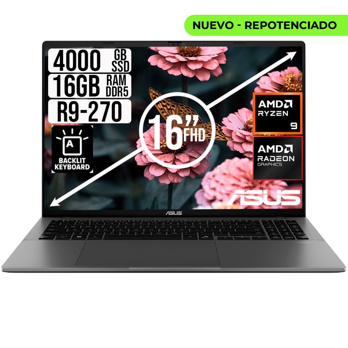 ASUS - PORTATIL ASUS AMD RYZEN 9 270 SSD 4TB RAM 16GB LED 16 FULL HD